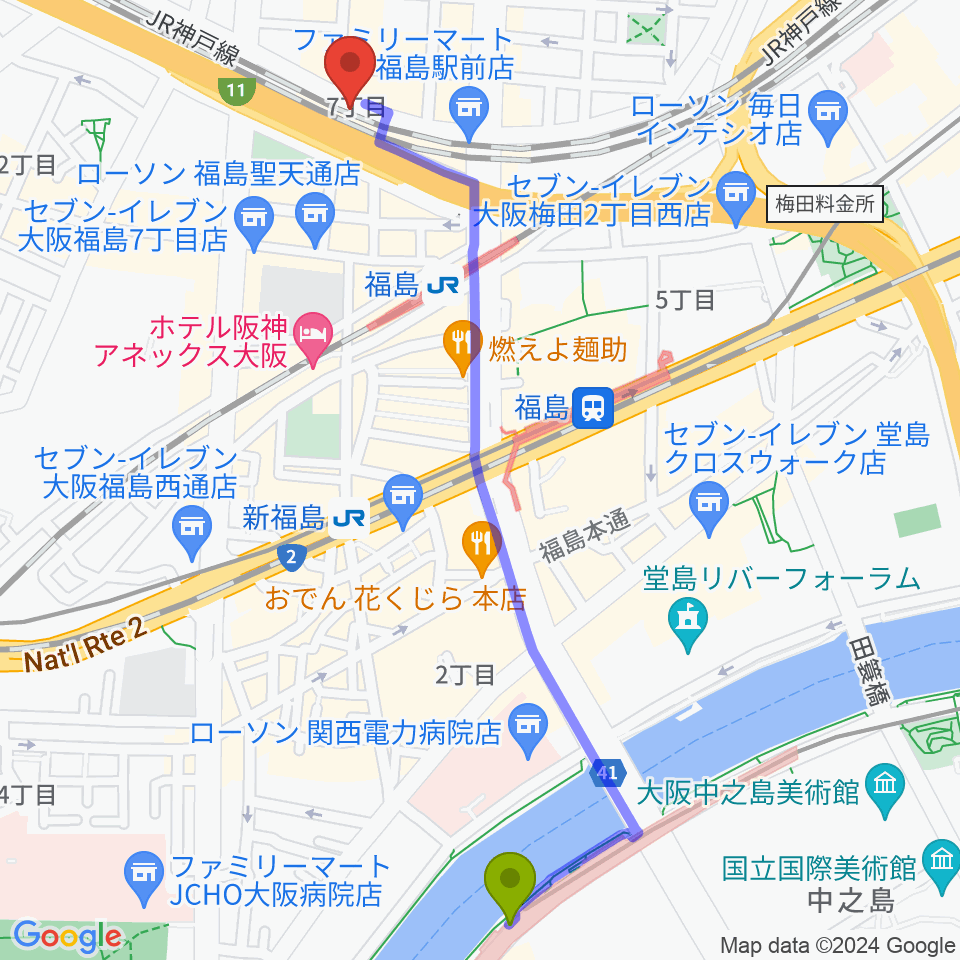 中之島駅から大阪福島セカンドラインへのルートマップ地図