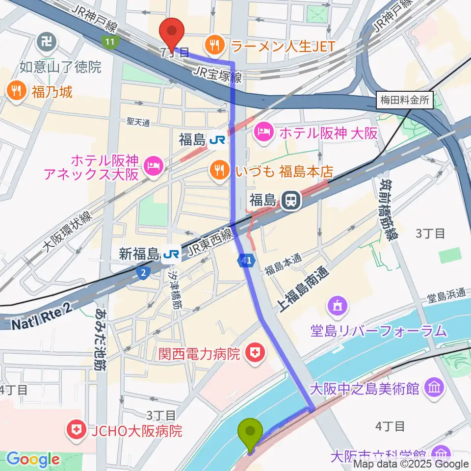 中之島駅から大阪福島セカンドラインへのルートマップ地図