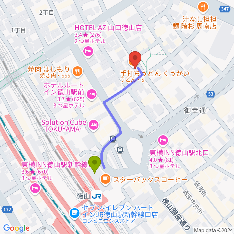 周南ガンボの最寄駅徳山駅からの徒歩ルート（約4分）地図