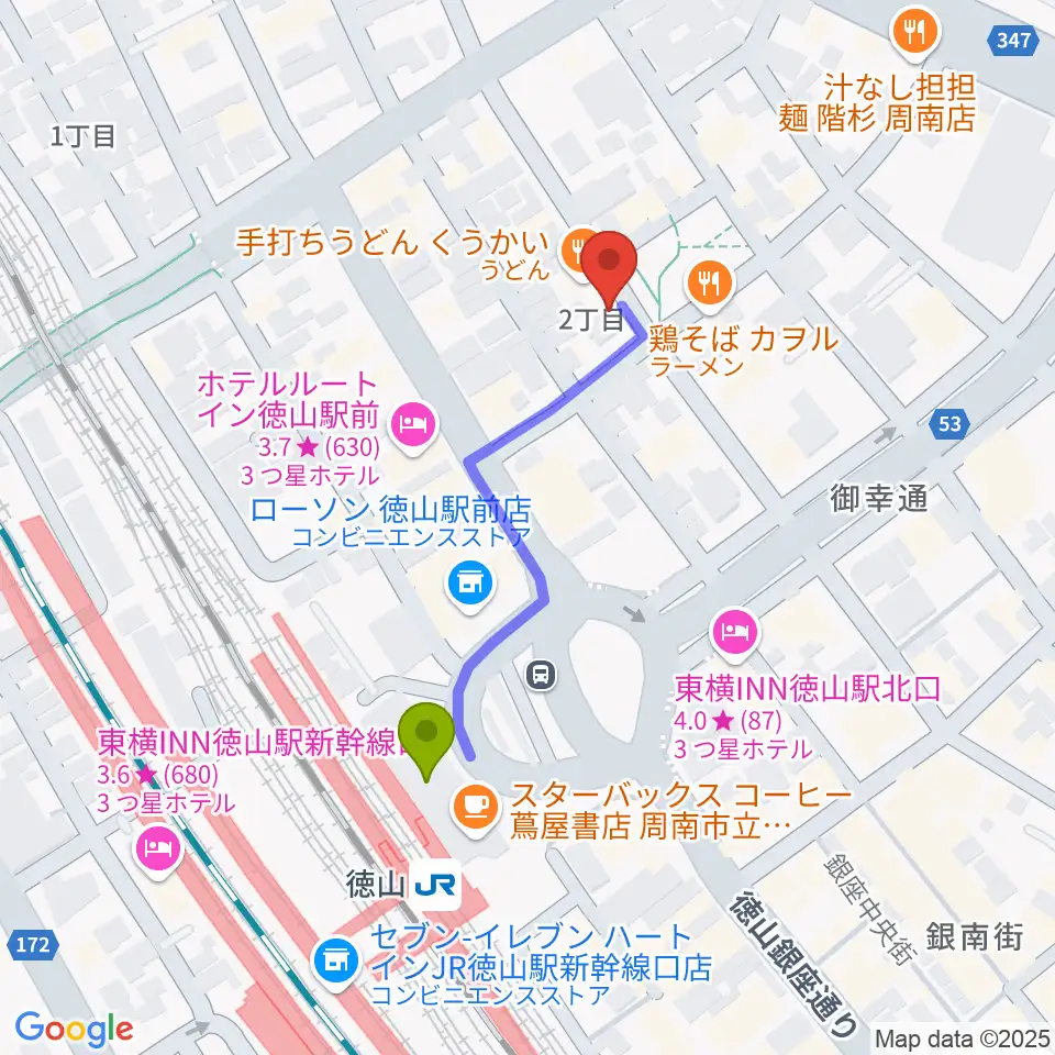 周南ガンボの最寄駅徳山駅からの徒歩ルート（約4分）地図