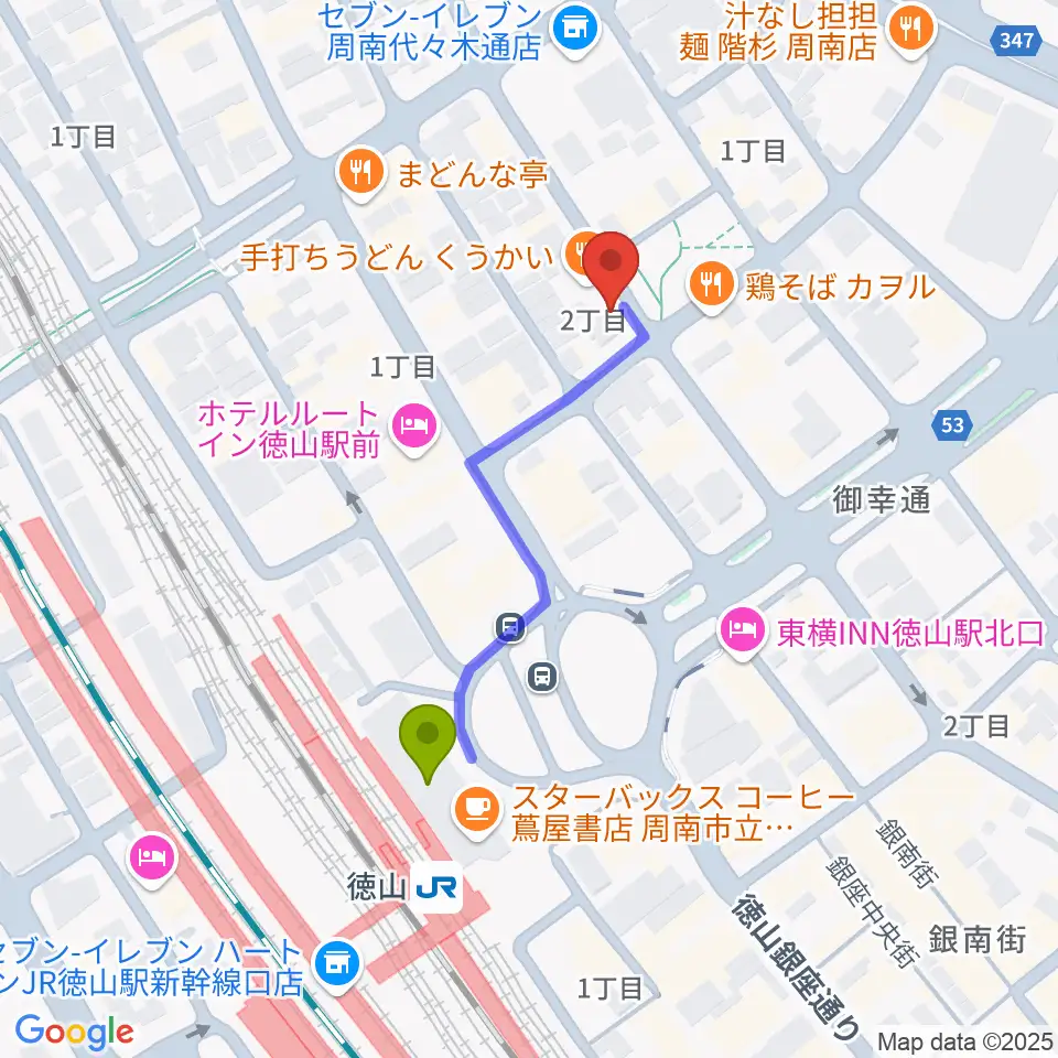 周南ガンボの最寄駅徳山駅からの徒歩ルート（約4分）地図