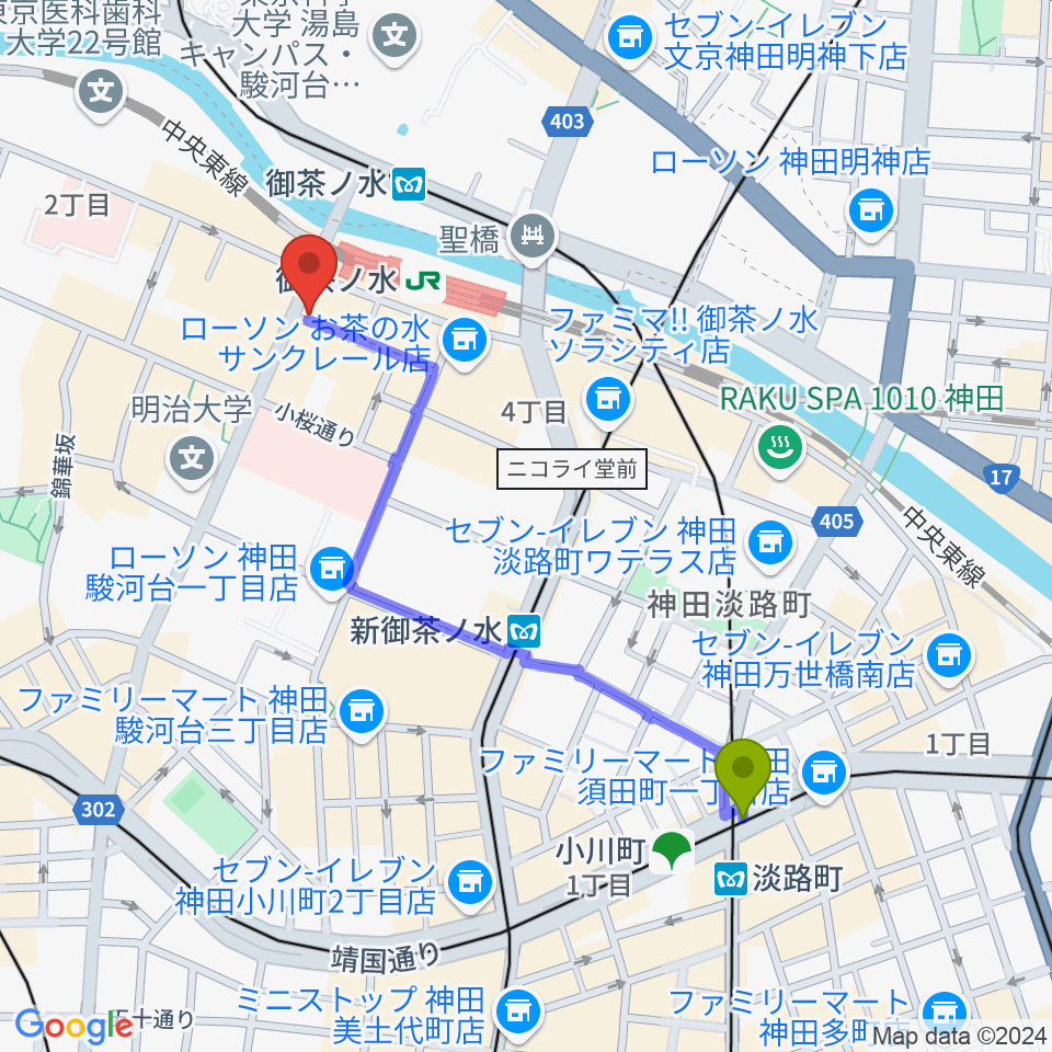 淡路町駅からシモクラセカンドハンズ Part2へのルートマップ地図