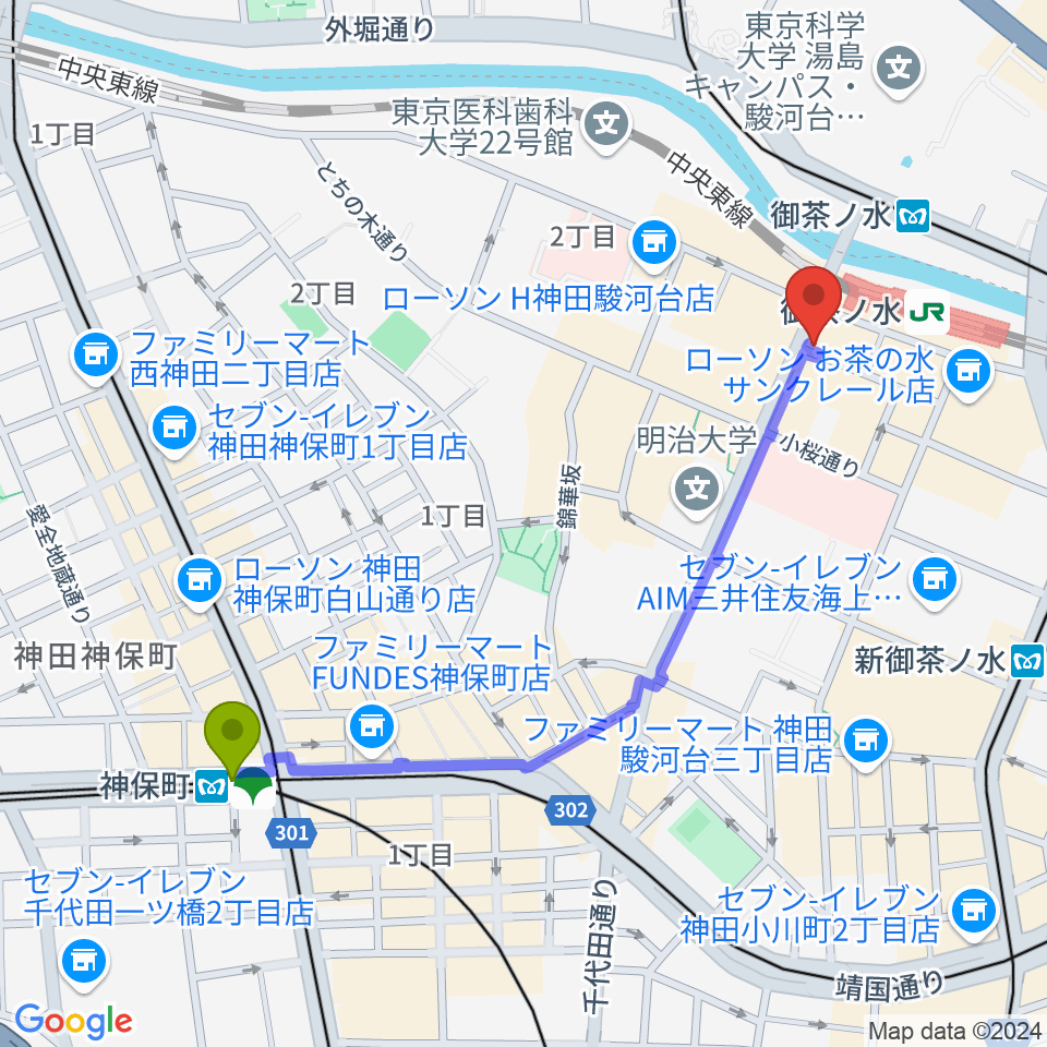 神保町駅からシモクラセカンドハンズ Part2へのルートマップ地図