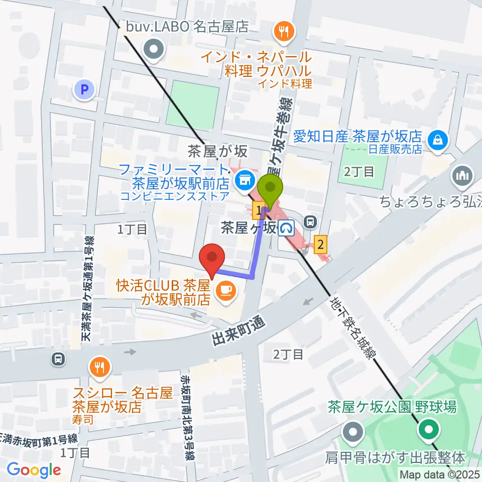 親和楽器 グランドピアノ練習室の最寄駅茶屋ヶ坂駅からの徒歩ルート（約1分）地図