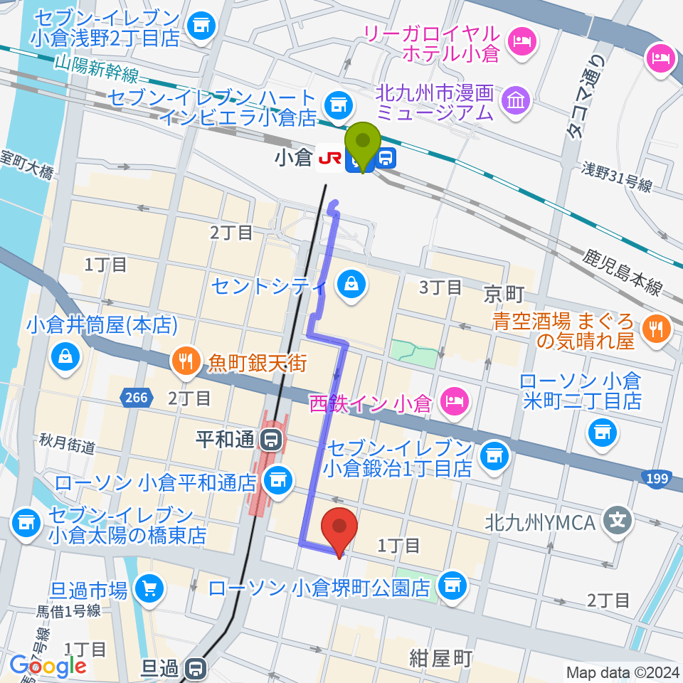 小倉駅から小倉カサブランカへのルートマップ地図