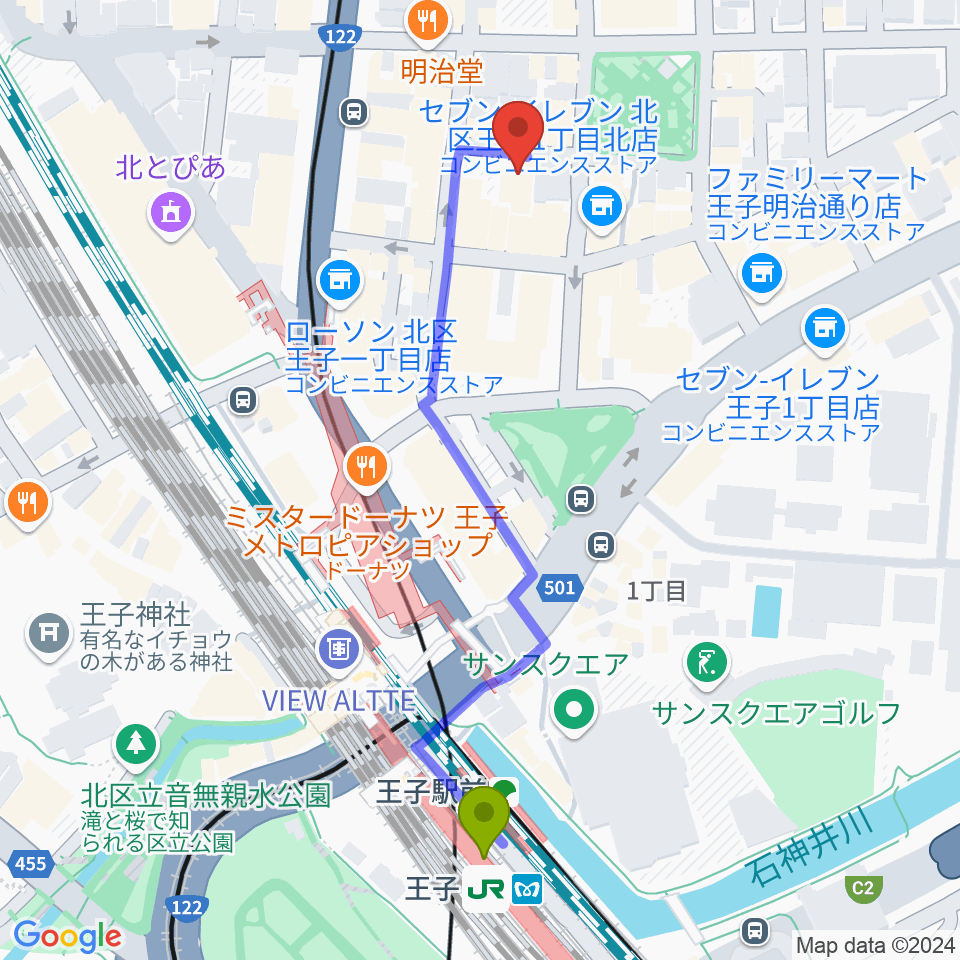 王子ベースメントモンスターの最寄駅王子駅からの徒歩ルート（約6分）地図