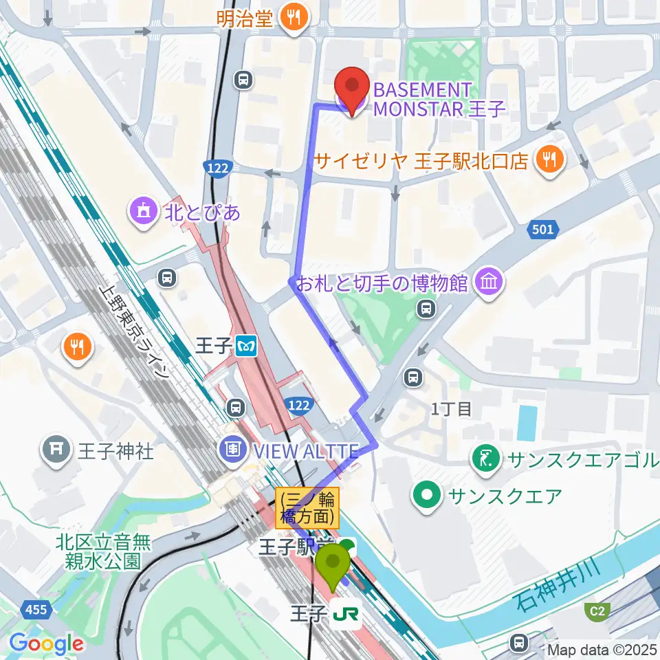 王子ベースメントモンスターの最寄駅王子駅からの徒歩ルート（約6分）地図