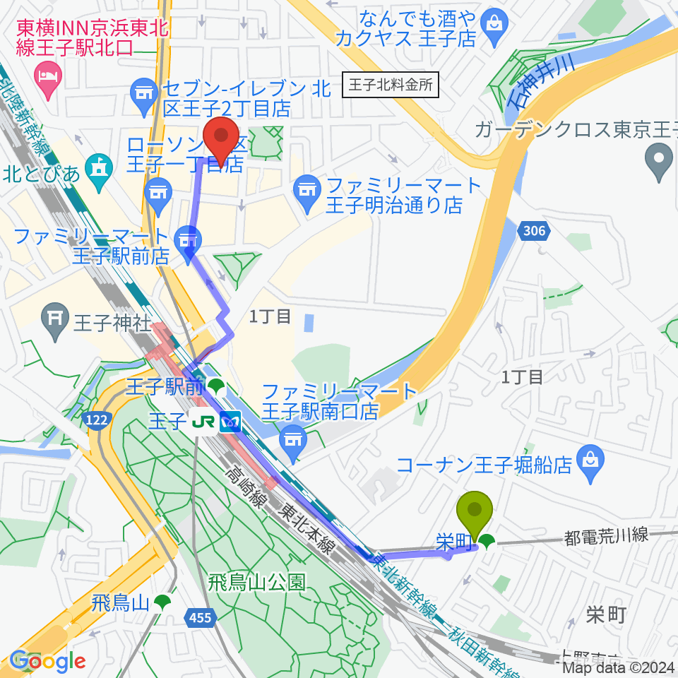 栄町駅から王子ベースメントモンスターへのルートマップ地図