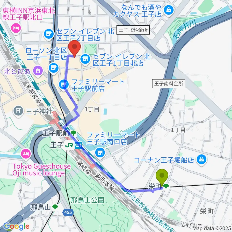 栄町駅から王子ベースメントモンスターへのルートマップ地図