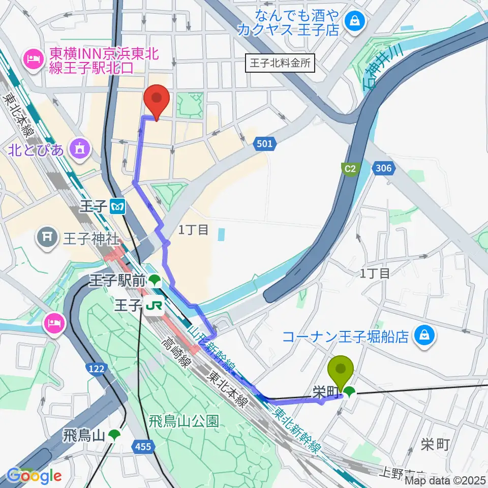栄町駅から王子ベースメントモンスターへのルートマップ地図