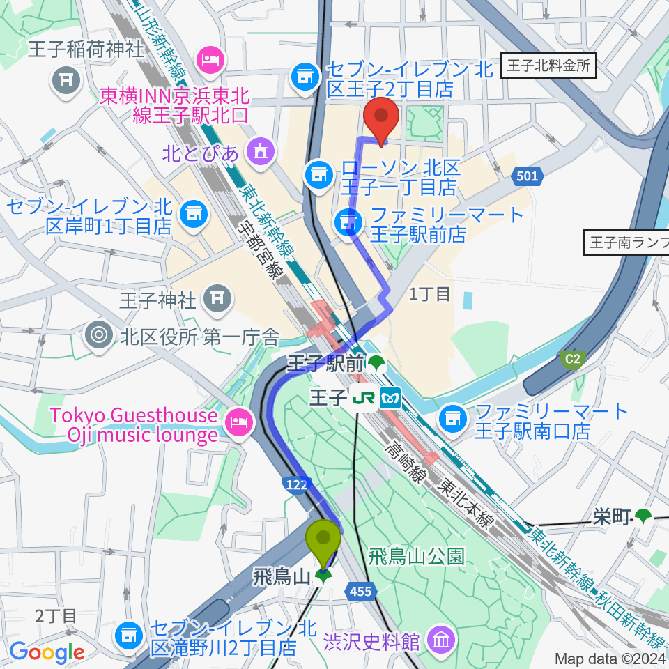 飛鳥山駅から王子ベースメントモンスターへのルートマップ地図