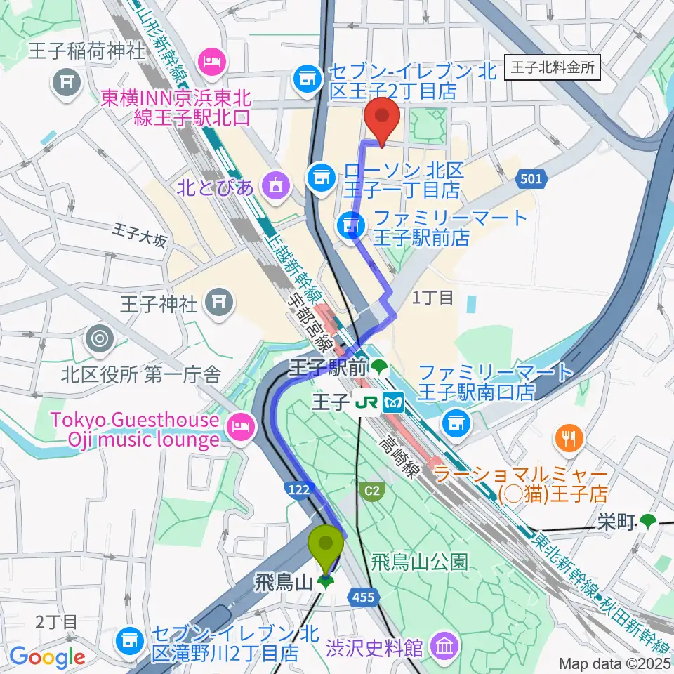 飛鳥山駅から王子ベースメントモンスターへのルートマップ地図