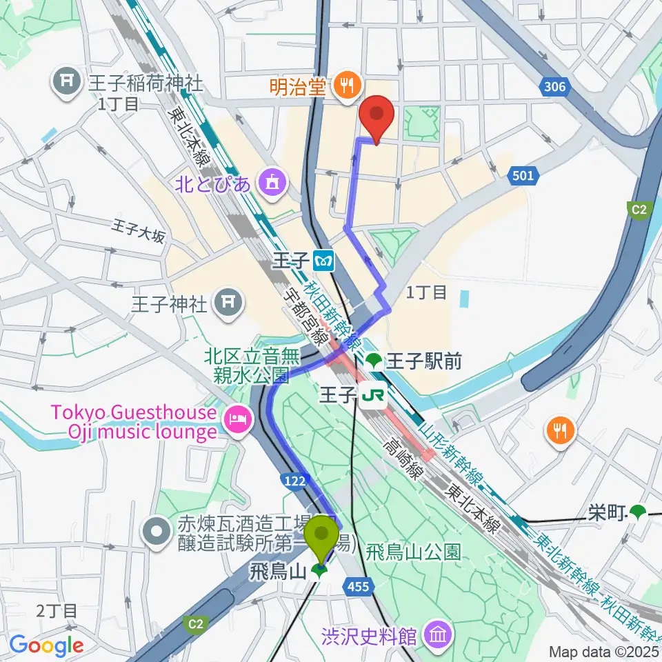 飛鳥山駅から王子ベースメントモンスターへのルートマップ地図