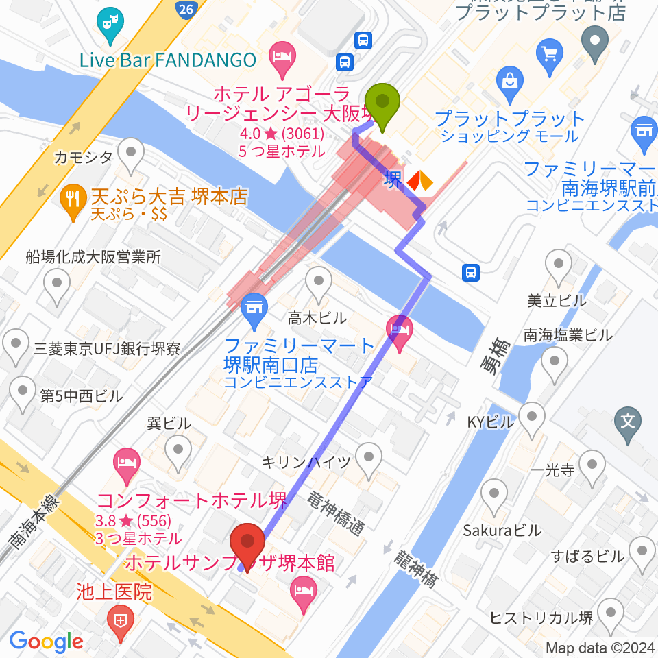 堺チクタク・スタジオNoiの最寄駅堺駅からの徒歩ルート（約5分）地図