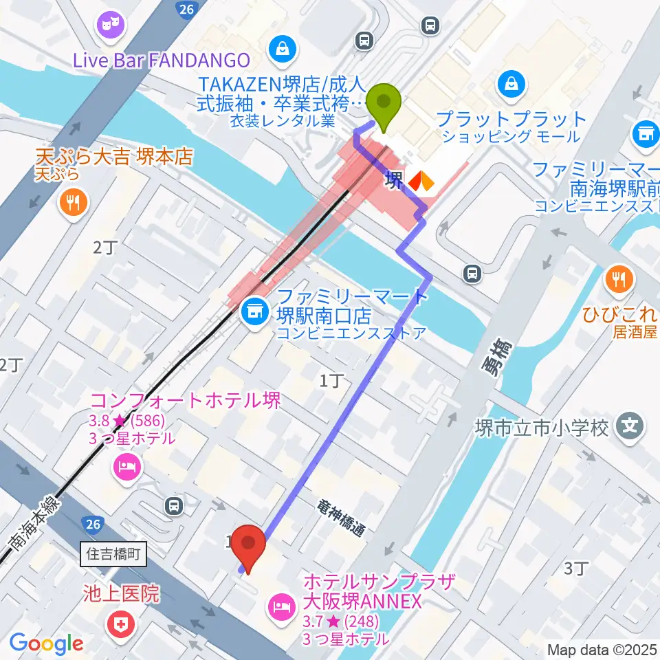 堺チクタク・スタジオNoiの最寄駅堺駅からの徒歩ルート（約5分）地図