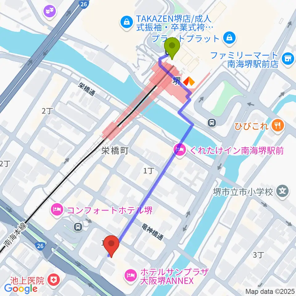 堺チクタク・スタジオNoiの最寄駅堺駅からの徒歩ルート（約5分）地図