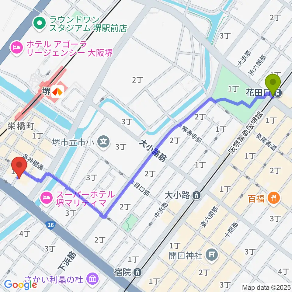 花田口駅から堺チクタク・スタジオNoiへのルートマップ地図