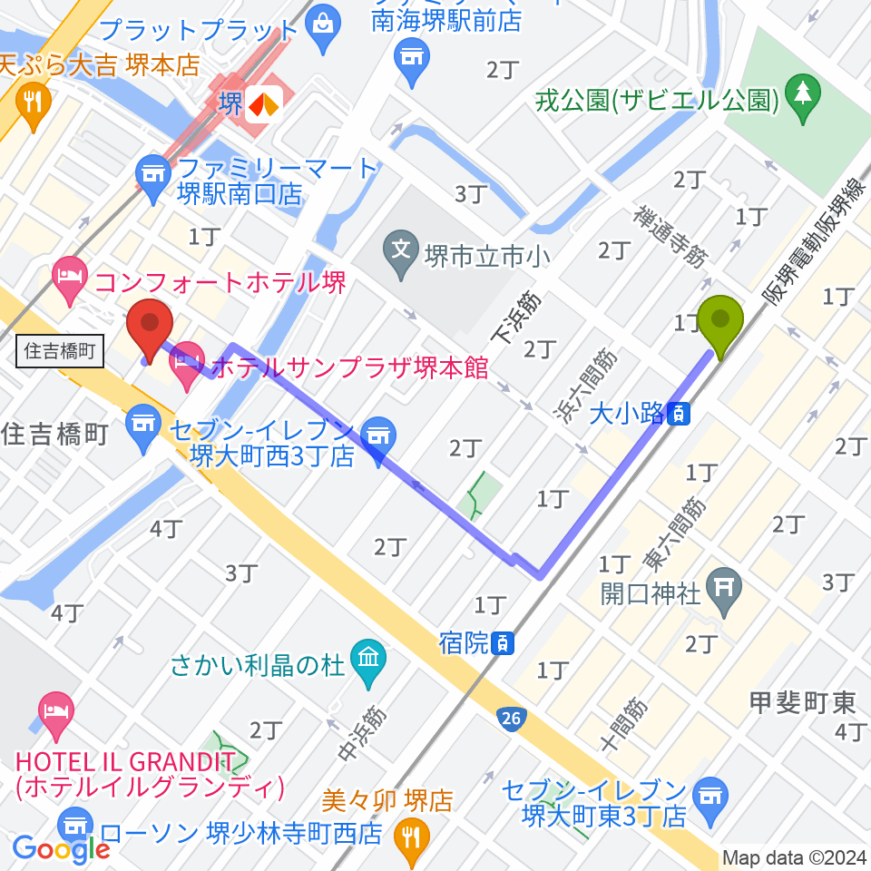 大小路駅から堺チクタク・スタジオNoiへのルートマップ地図