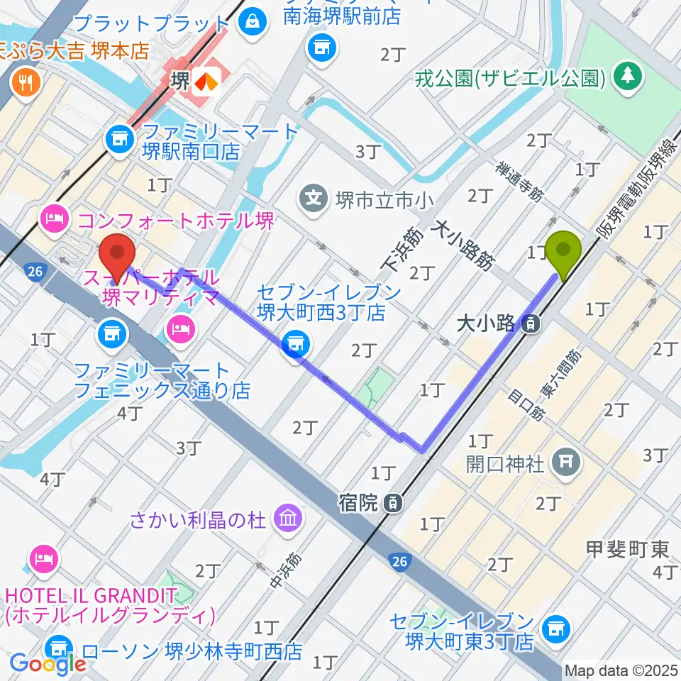 大小路駅から堺チクタク・スタジオNoiへのルートマップ地図