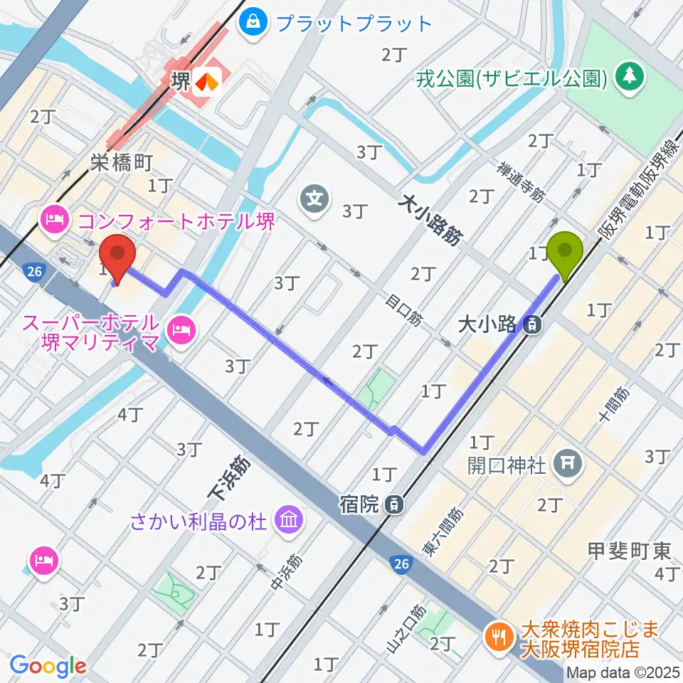 大小路駅から堺チクタク・スタジオNoiへのルートマップ地図