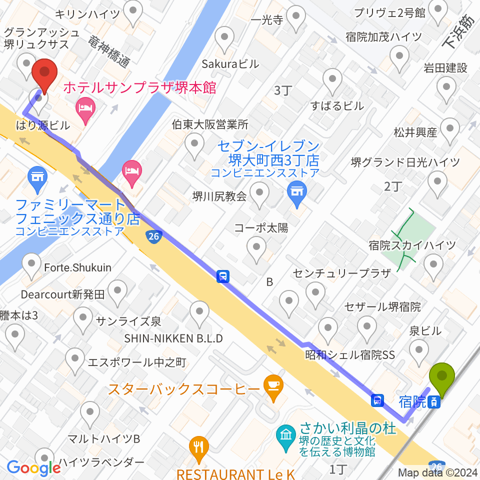 宿院駅から堺チクタク・スタジオNoiへのルートマップ地図