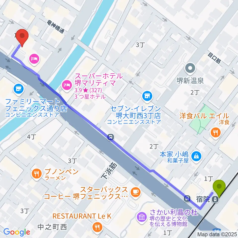 宿院駅から堺チクタク・スタジオNoiへのルートマップ地図