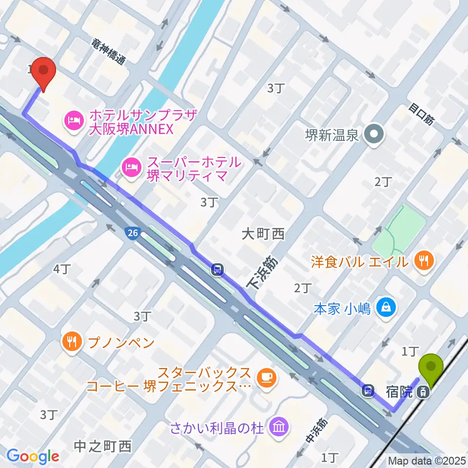 宿院駅から堺チクタク・スタジオNoiへのルートマップ地図