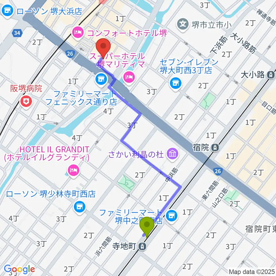 寺地町駅から堺チクタク・スタジオNoiへのルートマップ地図