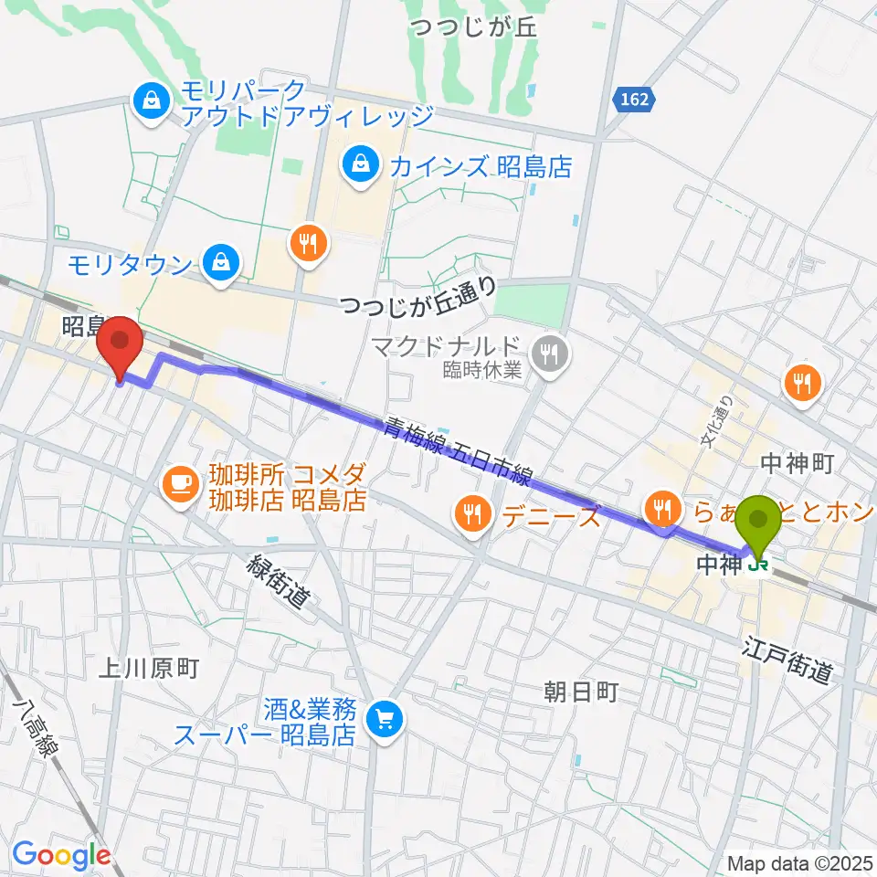 中神駅からフローラカルチャークラブへのルートマップ地図