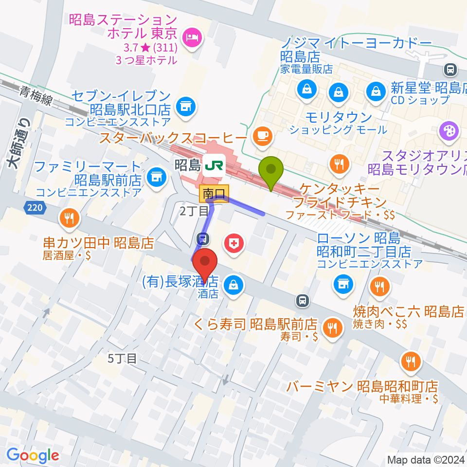 フローラカルチャークラブの最寄駅昭島駅からの徒歩ルート（約2分）地図