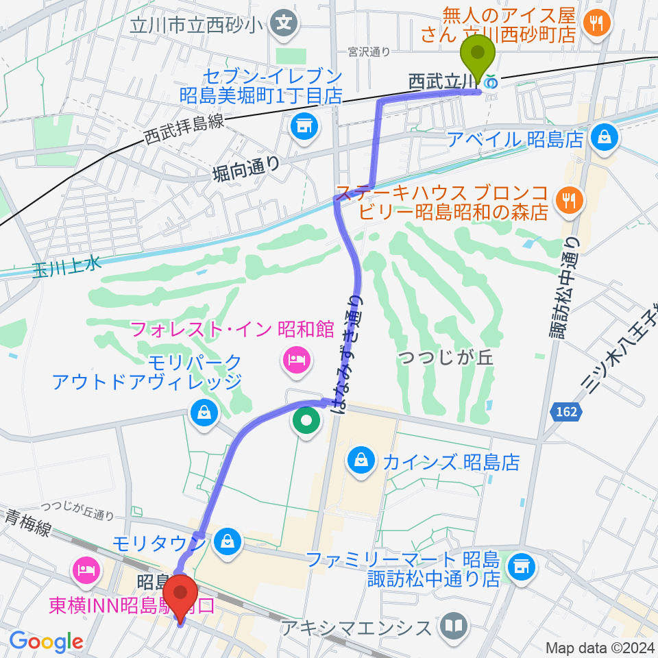 西武立川駅からフローラカルチャークラブへのルートマップ地図