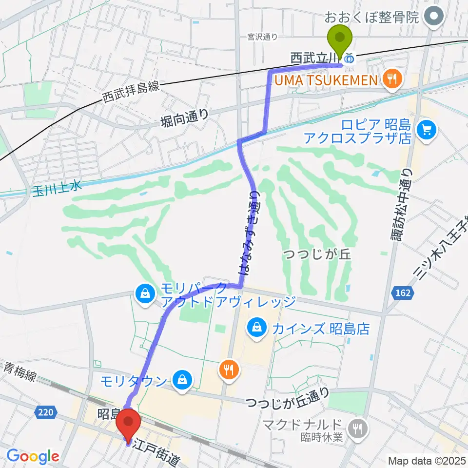 西武立川駅からフローラカルチャークラブへのルートマップ地図