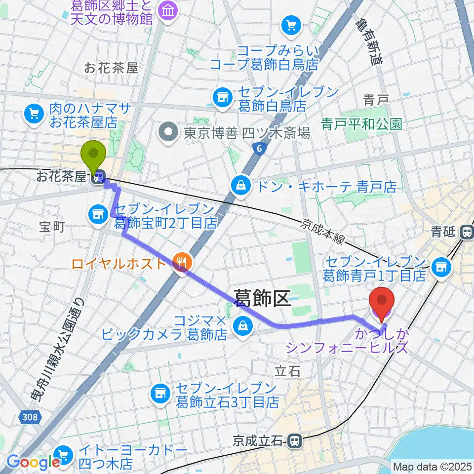 お花茶屋駅からかつしかシンフォニーヒルズへのルートマップ地図
