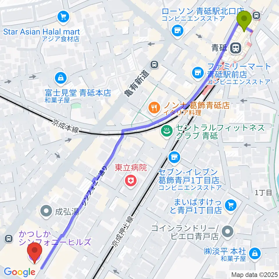かつしかシンフォニーヒルズの最寄駅青砥駅からの徒歩ルート（約9分）地図