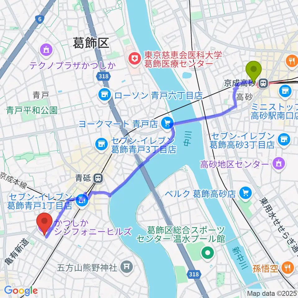 京成高砂駅からかつしかシンフォニーヒルズへのルートマップ地図