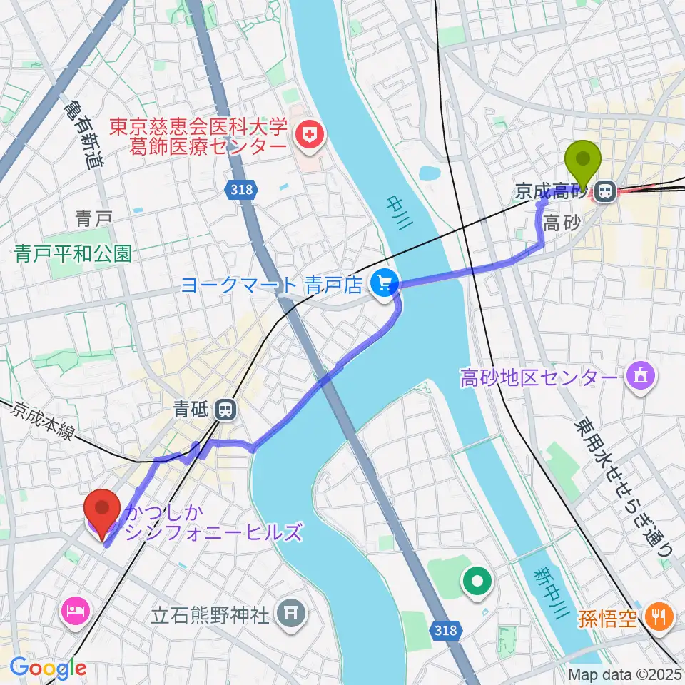 京成高砂駅からかつしかシンフォニーヒルズへのルートマップ地図
