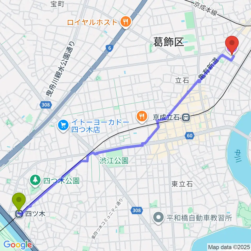 四ツ木駅からかつしかシンフォニーヒルズへのルートマップ地図