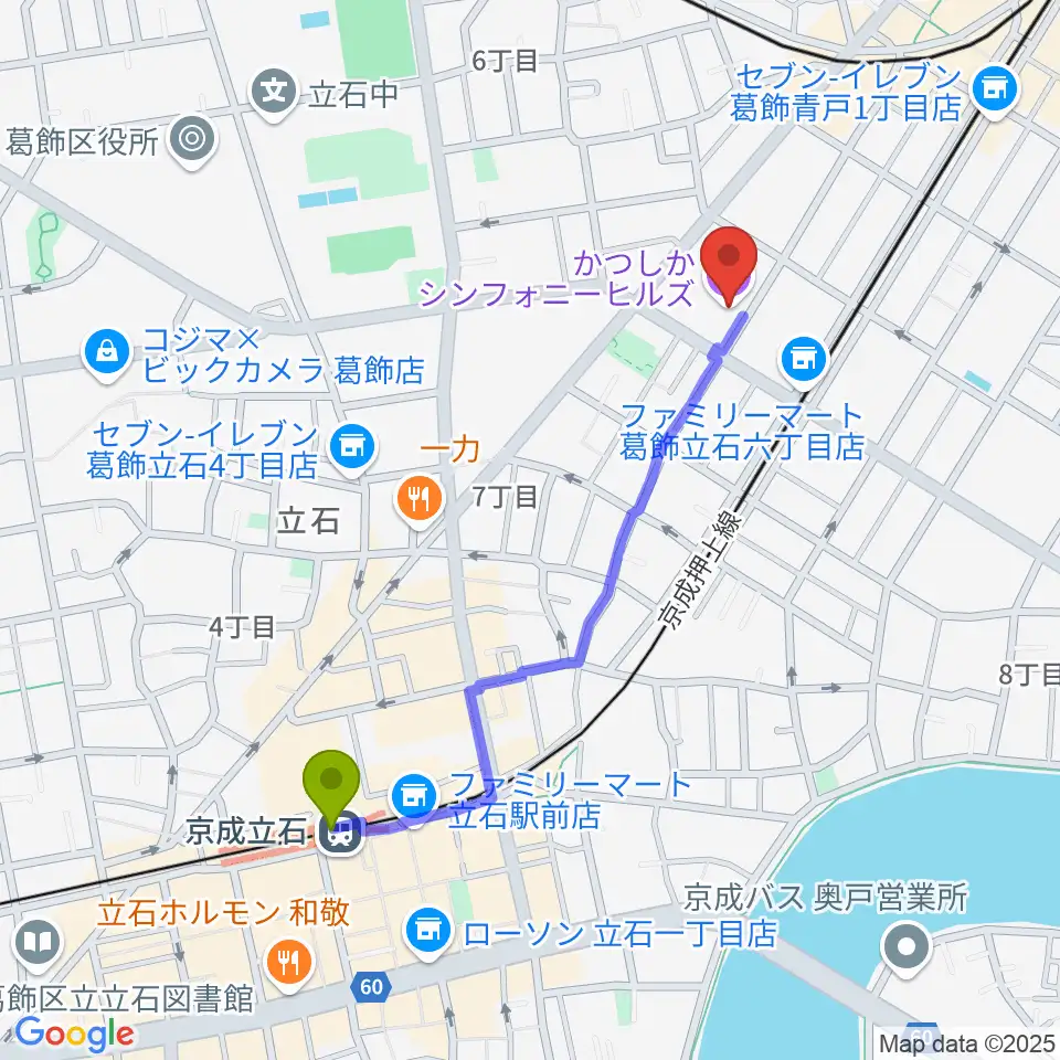 京成立石駅からかつしかシンフォニーヒルズへのルートマップ地図