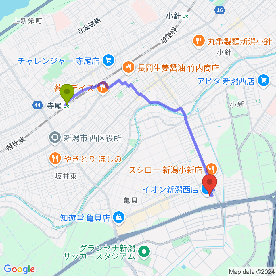 あぽろんイオン新潟西店の最寄駅寺尾駅からの徒歩ルート（約37分）地図