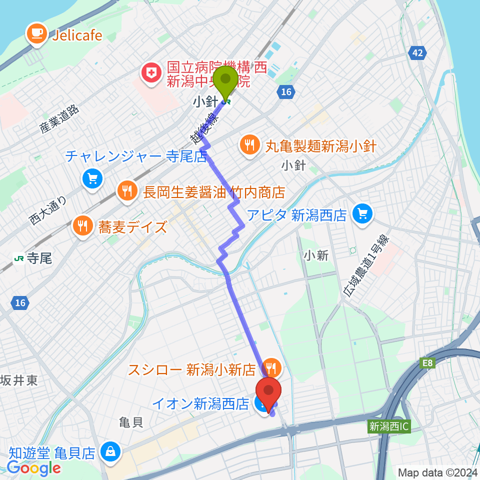 小針駅からあぽろんイオン新潟西店へのルートマップ地図