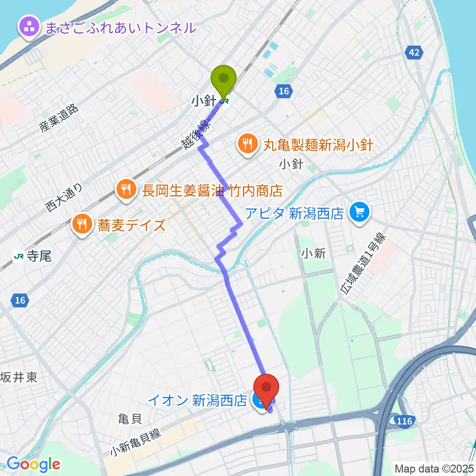 小針駅からあぽろんイオン新潟西店へのルートマップ地図