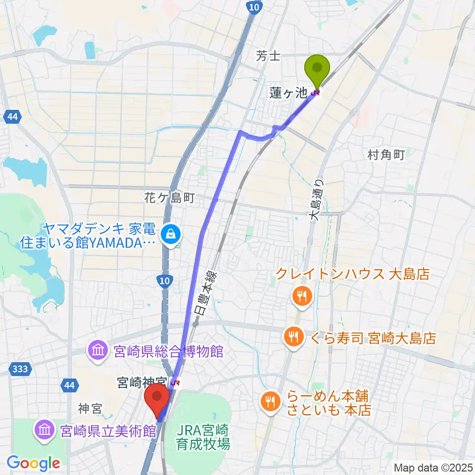 蓮ケ池駅からユーイング スタジオへのルートマップ地図