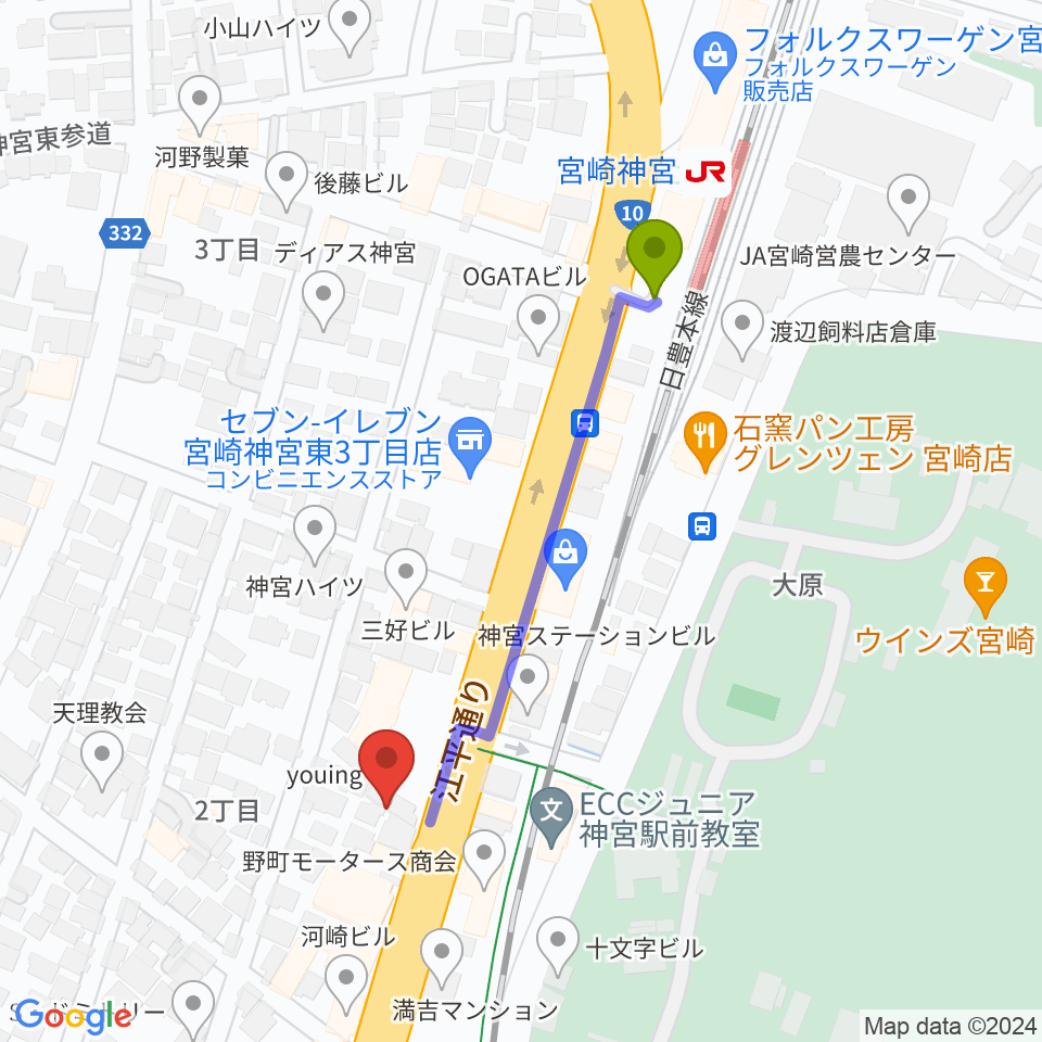 ユーイング スタジオの最寄駅宮崎神宮駅からの徒歩ルート（約4分）地図