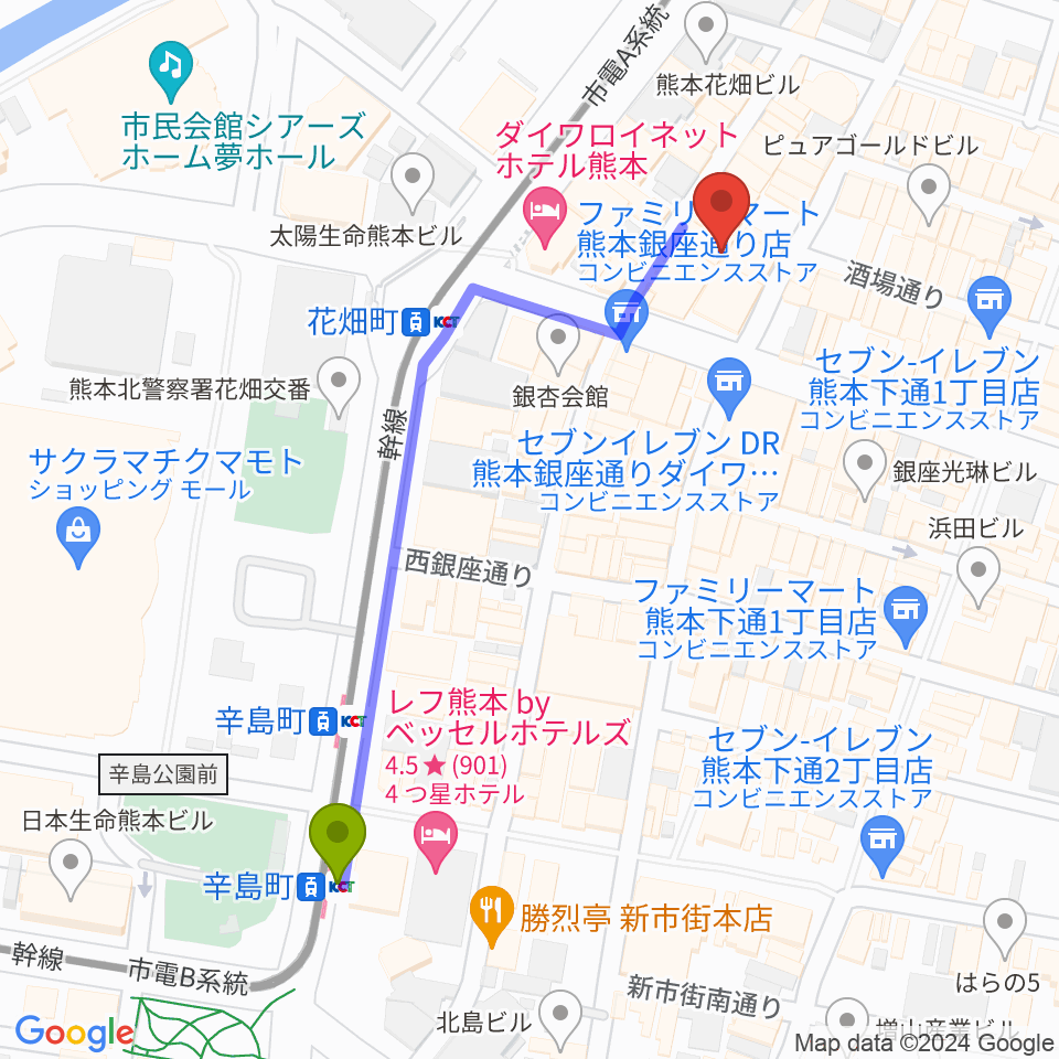辛島町駅から熊本CIB（キーブ）へのルートマップ地図