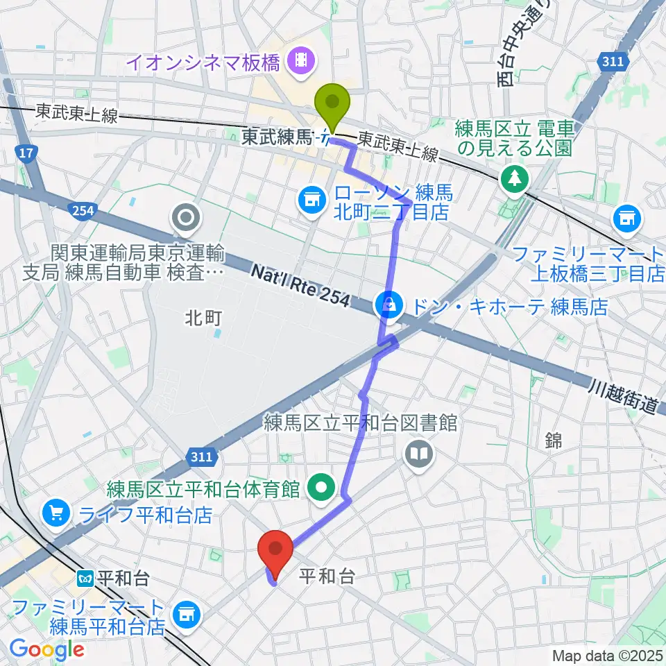 東武練馬駅からみつほし音楽教室へのルートマップ地図