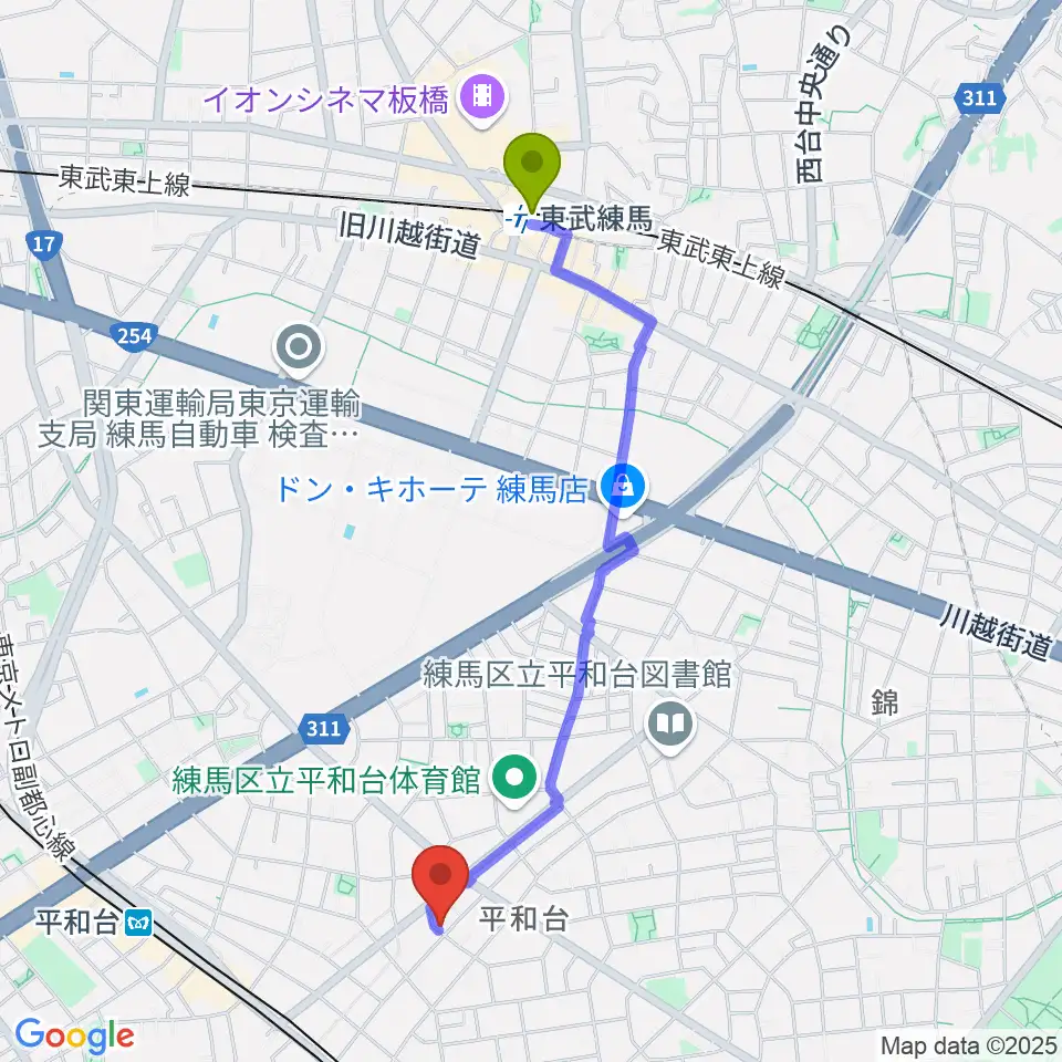 東武練馬駅からみつほし音楽教室へのルートマップ地図