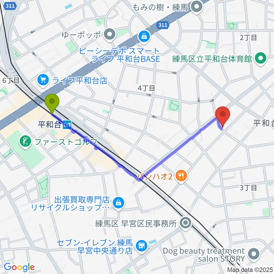 みつほし音楽教室の最寄駅平和台駅からの徒歩ルート（約10分）地図