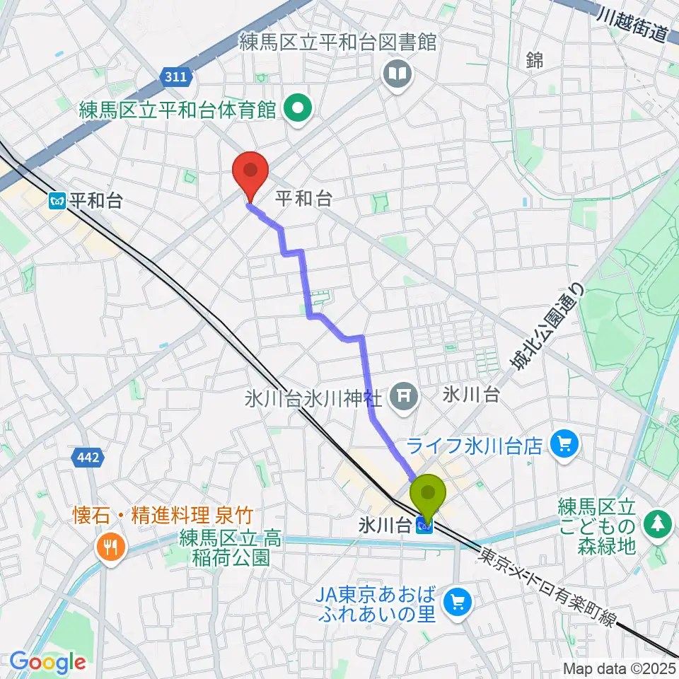氷川台駅からみつほし音楽教室へのルートマップ地図