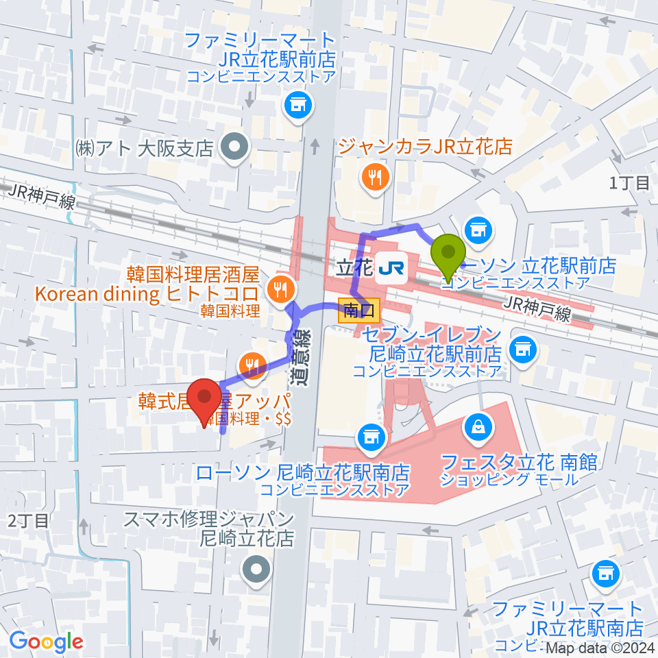 尾崎タカオギター教室の最寄駅立花駅からの徒歩ルート（約3分）地図