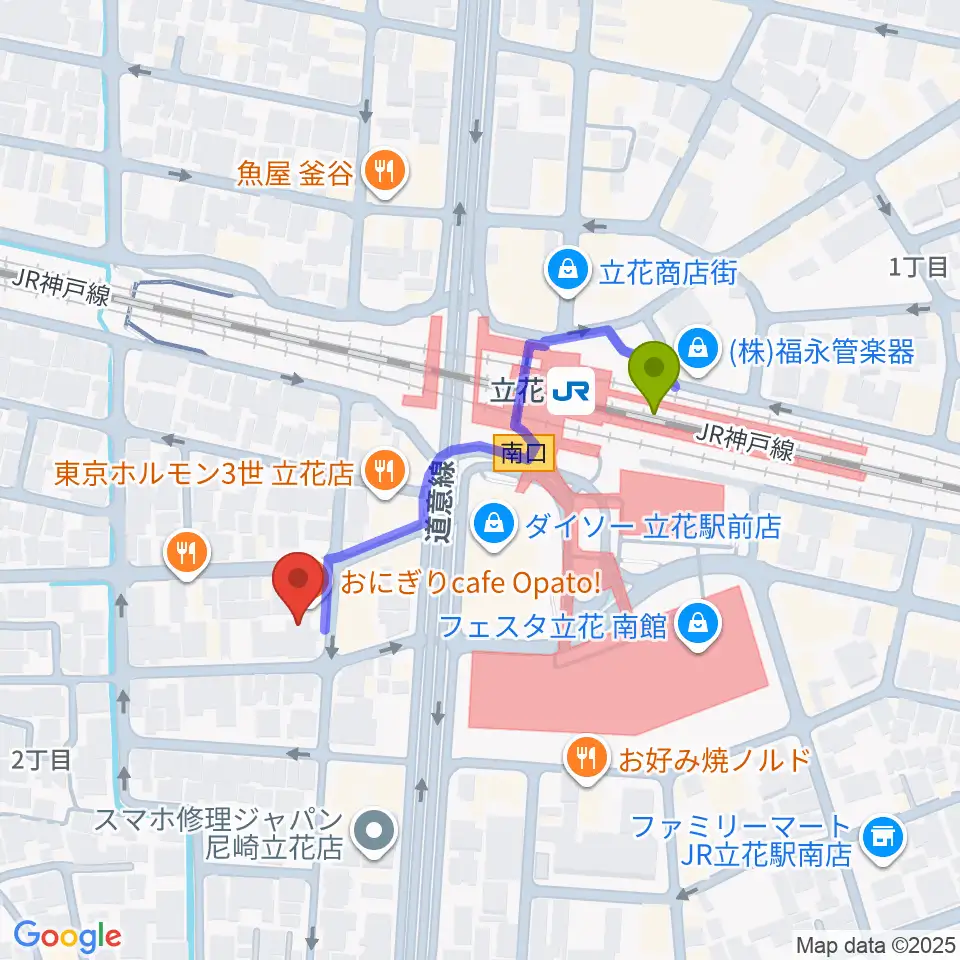 尾崎タカオギター教室の最寄駅立花駅からの徒歩ルート（約3分）地図